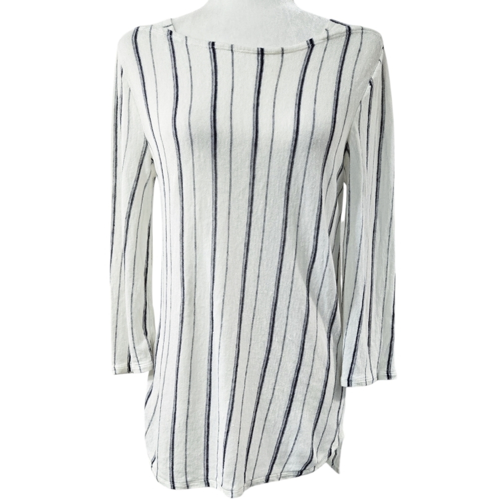Nic+Zoe Linen Blend Cream Navy Blue Stripe Top Beachy Lightweight Semi Sheer